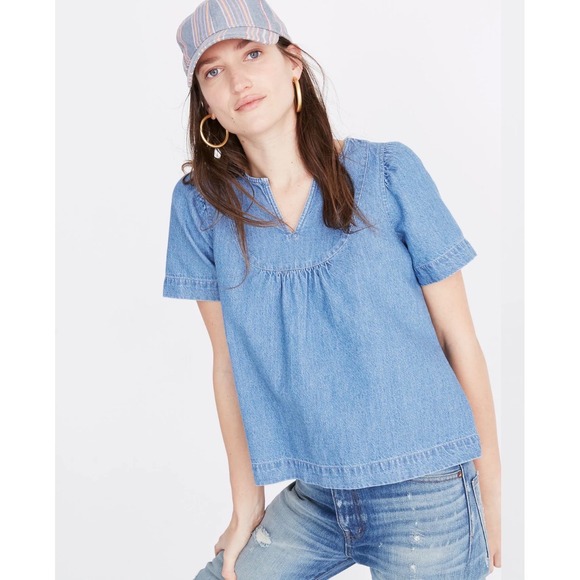Madewell Tops - Madewell Denim Popover Swing Puff Sleeve Top Size M Blue Cotton Linen Blend